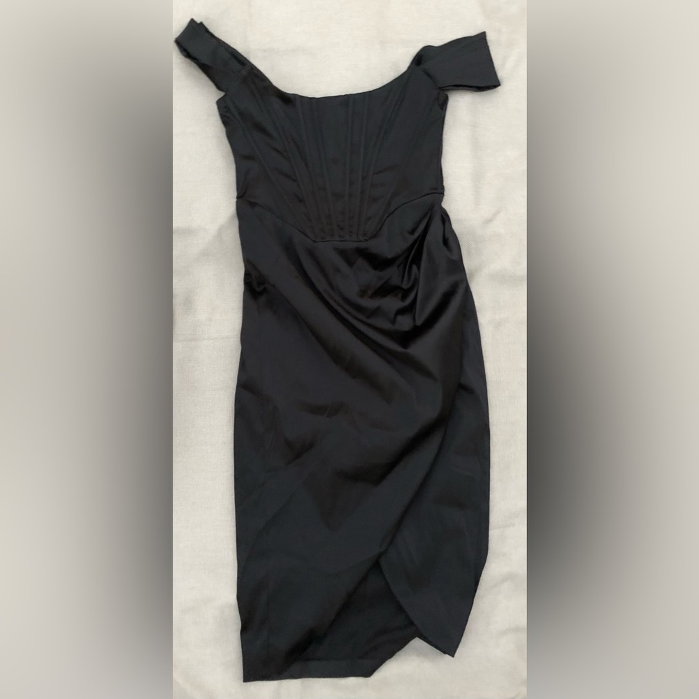 Trendy & Unique Black Satin Corset Off The Shoulder Bustier Corset Mini Dress